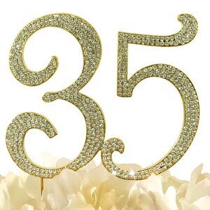 Rhinestone Cake Topper - Number 35 - Gold Metal with Czech Rhinestones